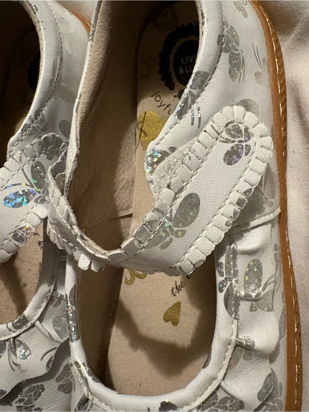 Livie & Luca White Mary Jane Shoes with Silver Holographic Butterflies